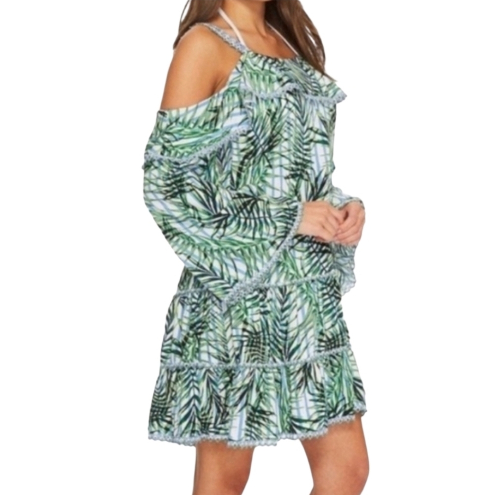 Red Carter Cold Shoulder Palm Leaf Crotcheted Tiered Green Blue NWT Size XS